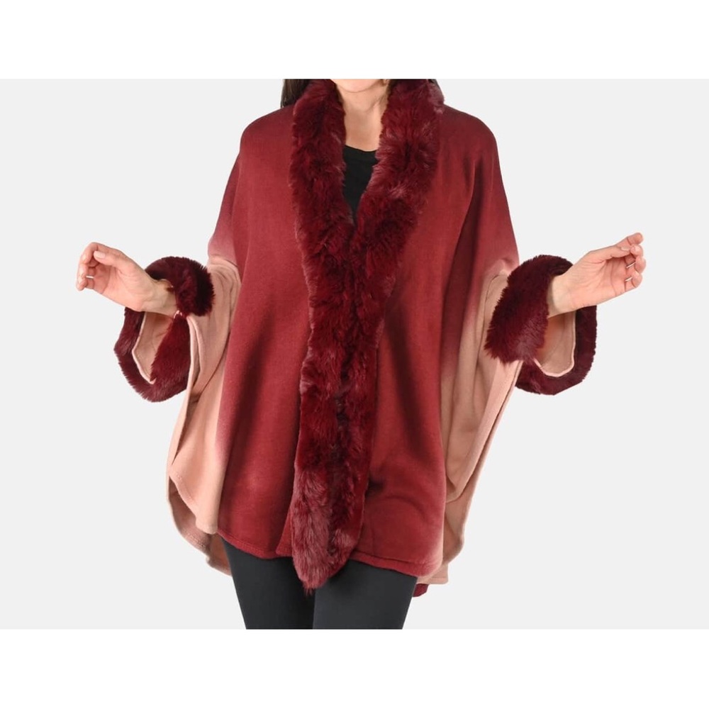Tamsy Burgundy Ombre Cape with Faux Fur Trim - One Size Fits Most